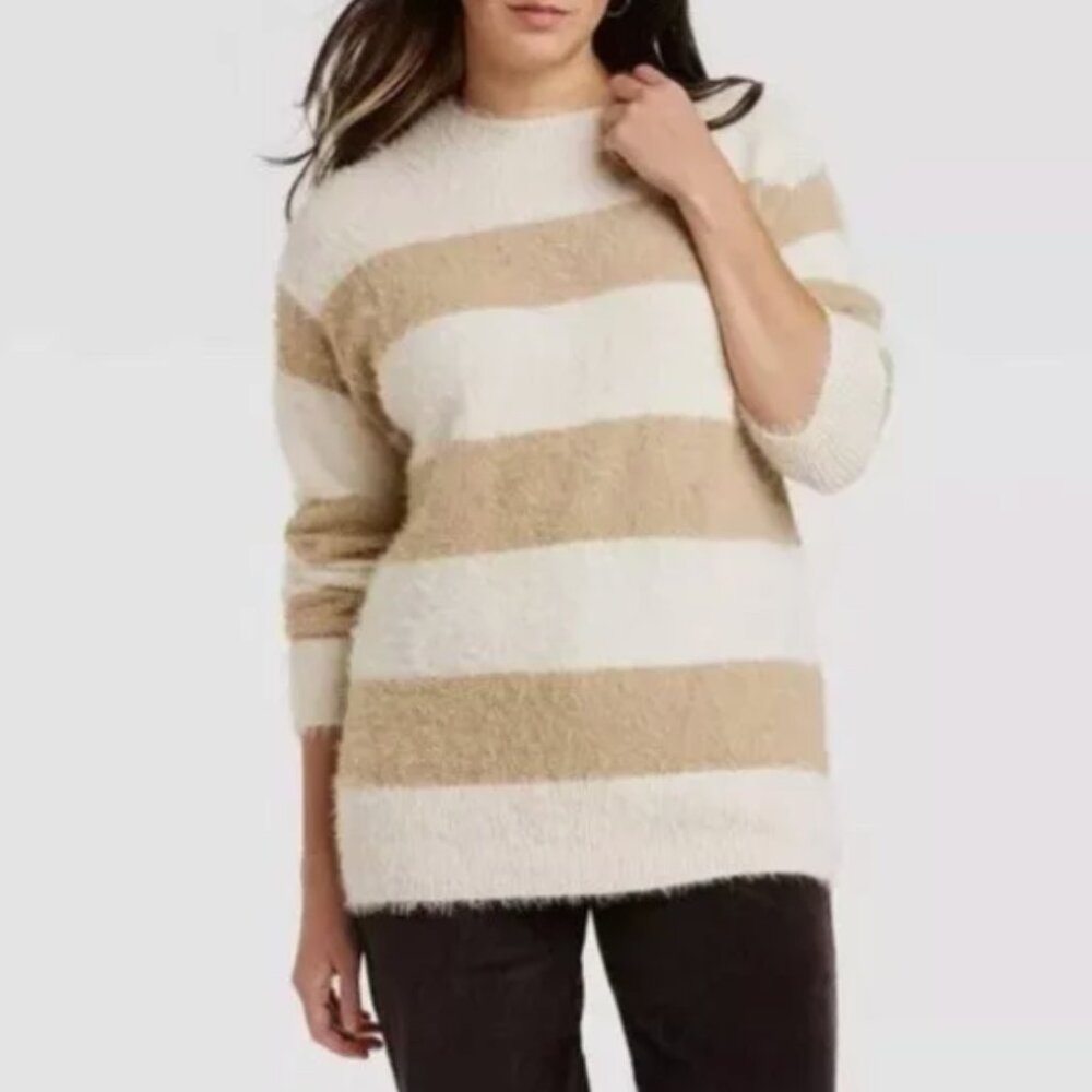 NWT Fuzzy Oversized Sweater Pullover Cream Stripe LARGE